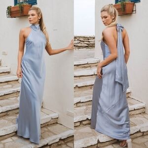 Show Me Your MuMu Lisa Maxi Steel Blue Luxe Satin Dress L Wedding Party Prom